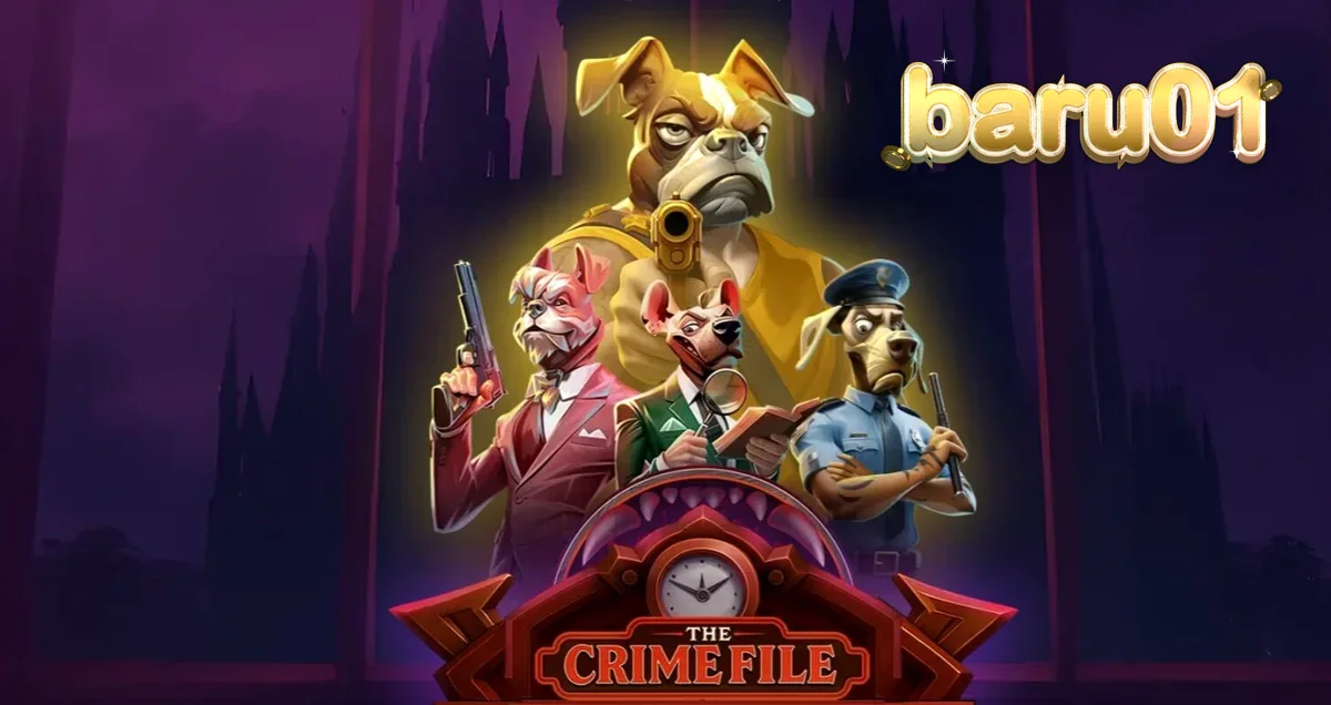 Tampilan antarmuka permainan slot The Crime File dengan tema detektif noir anjing